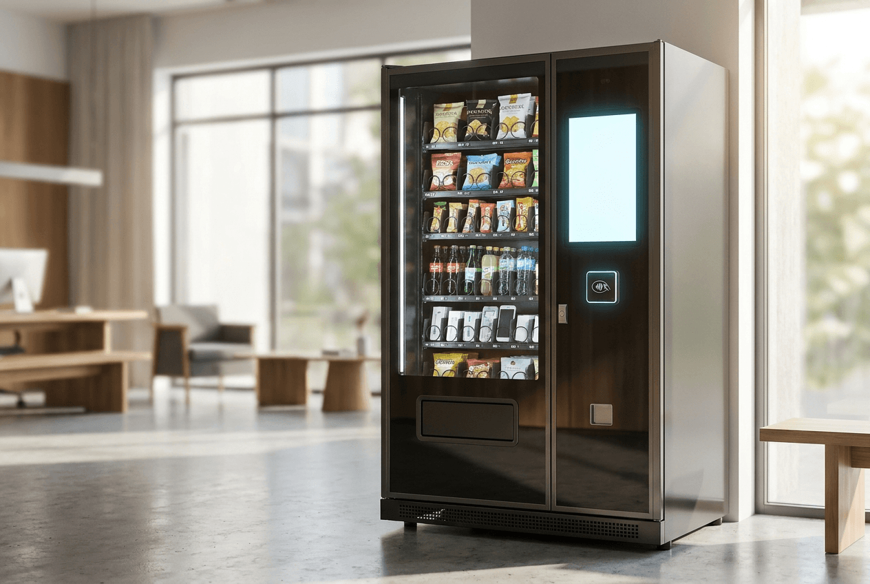 A smart vending machine with a card reader in a bright open-plan office.